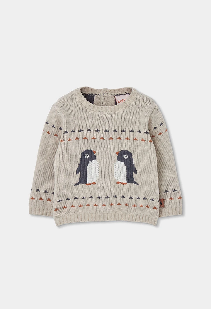 Beiges Baby-Jungen-Strickset mit Pinguinen