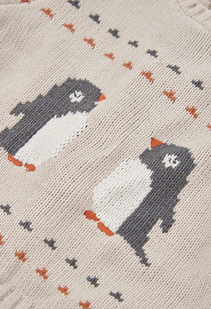 Completo in maglia neonato maschio beige con pinguini