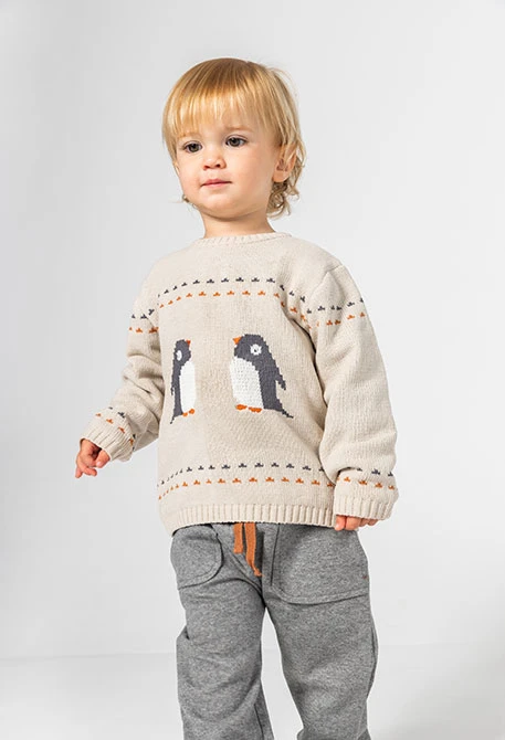 Completo in maglia neonato maschio beige con pinguini