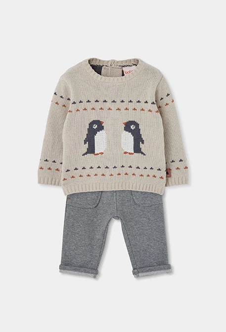 Beiges Baby-Jungen-Strickset mit Pinguinen