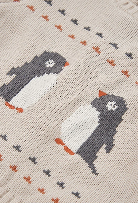 Beiges Baby-Jungen-Strickset mit Pinguinen