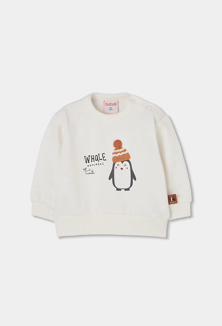 Weißes gestricktes Baby-Jungen-Set mit Pinguin-Aufdruck