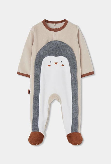 Beige Baby-Strampler mit Pinguin-Aufdruck