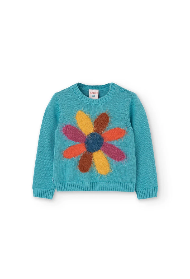 Baby girl\'s blue knitted jumper with floral print