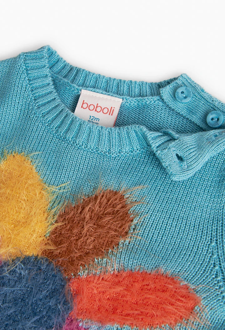 Pull en tricot pour bébé fille bleu avec imprimé floral