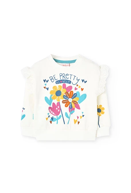 Fleece sweatshirt for baby girl with white floral print