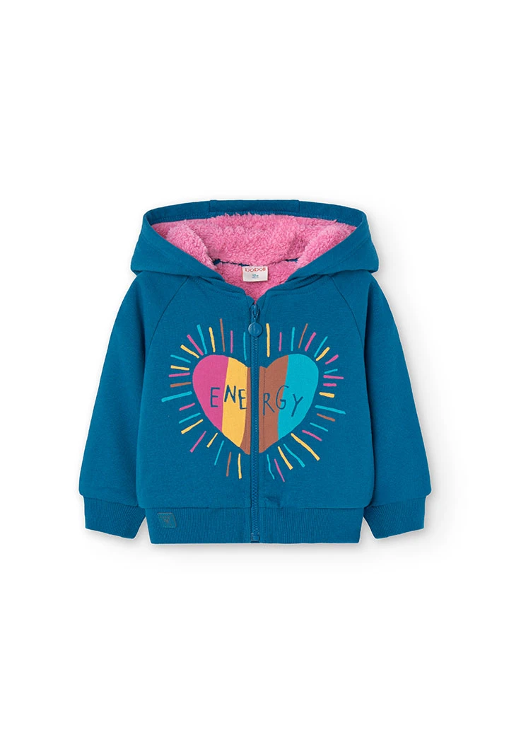 Plush jacket for baby girl in blue with heart print