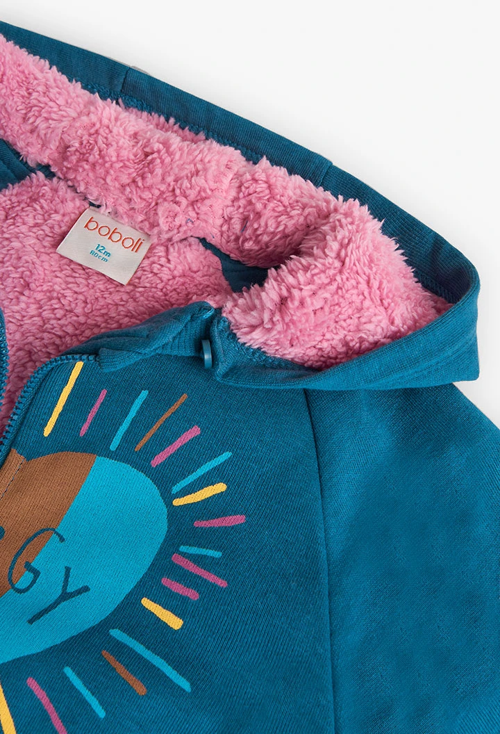 Plush jacket for baby girl in blue with heart print