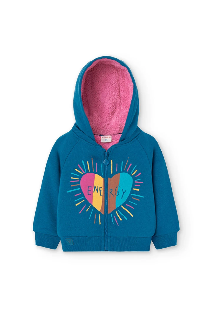 Plush jacket for baby girl in blue with heart print