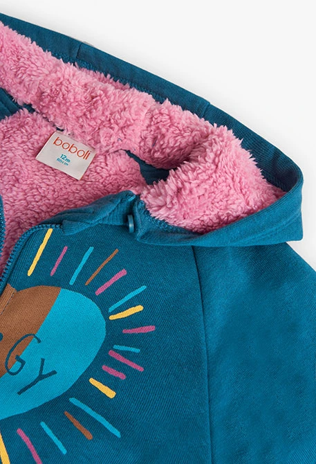 Plush jacket for baby girl in blue with heart print