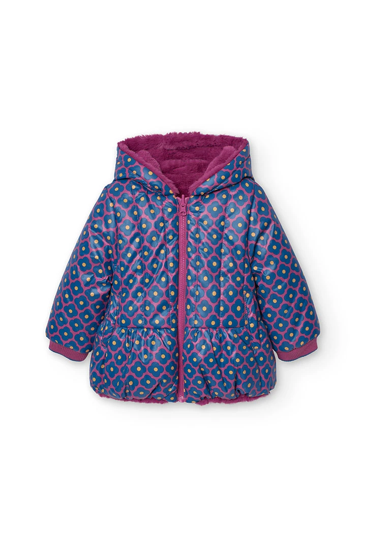 Reversible faux fur and technical parka for baby girl in lilac