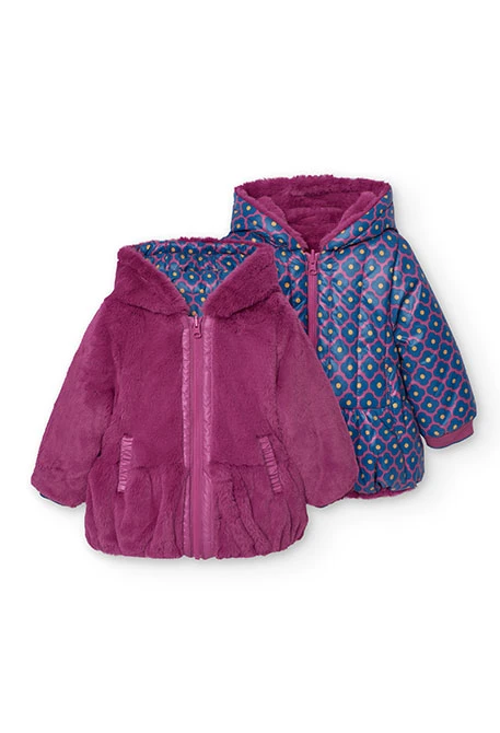 Reversible faux fur and technical parka for baby girl in lilac