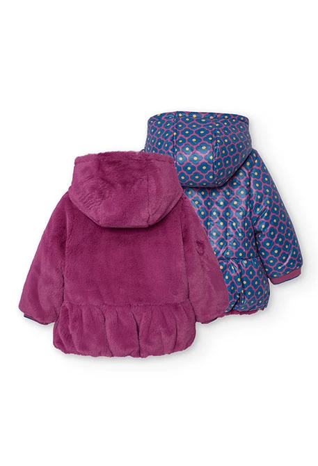 Reversible faux fur and technical parka for baby girl in lilac