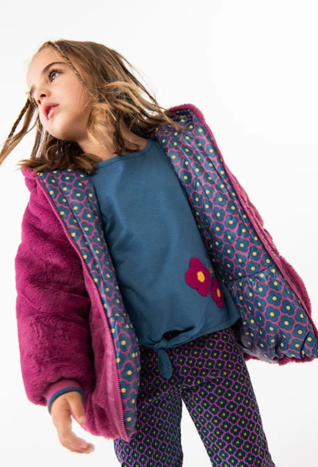 Manteau d\'hiver réversible en fourrure+technique pour bébé fille en lilas