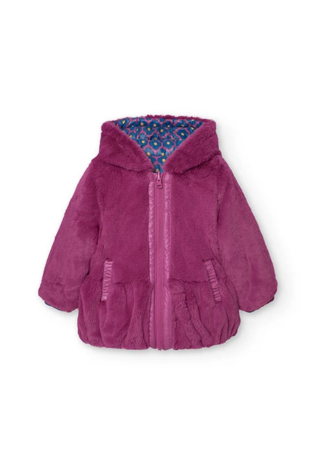 Reversible faux fur and technical parka for baby girl in lilac