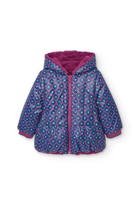 Reversible faux fur and technical parka for baby girl in lilac