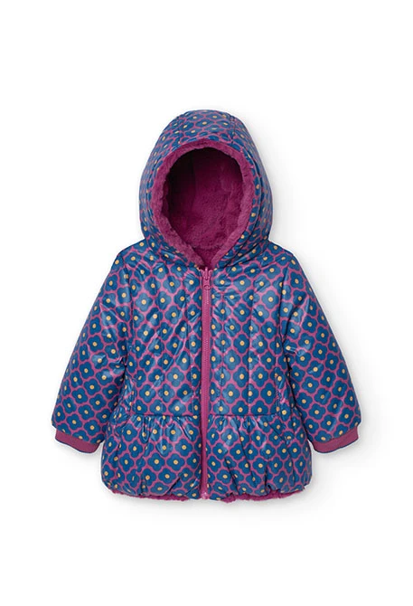 Reversible faux fur and technical parka for baby girl in lilac