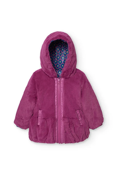 Reversible faux fur and technical parka for baby girl in lilac