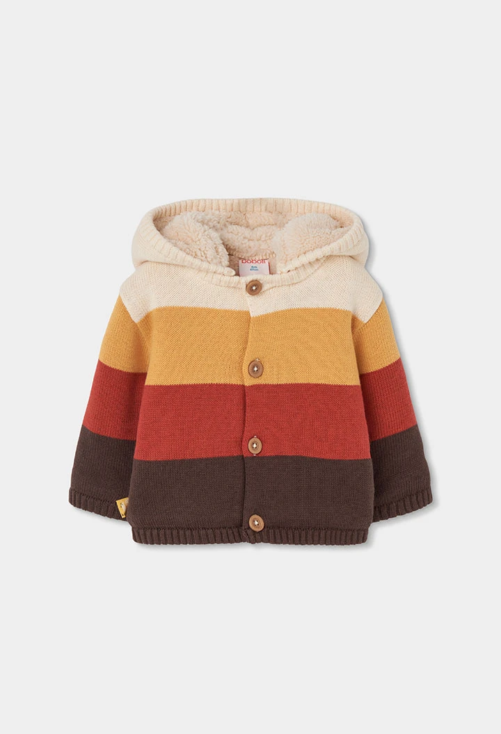 Veste en maille bébé écrue à rayures avec capuche