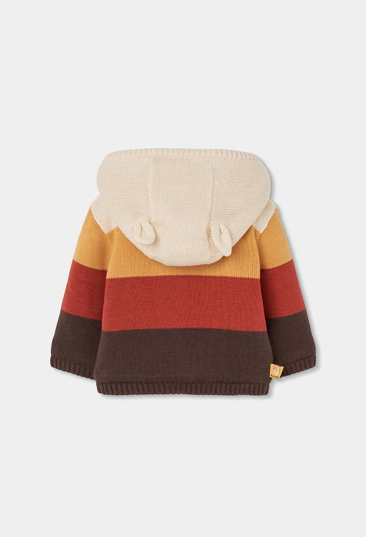 Veste en maille bébé écrue à rayures avec capuche