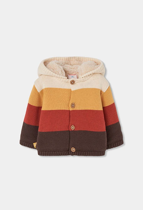 Veste en maille bébé écrue à rayures avec capuche