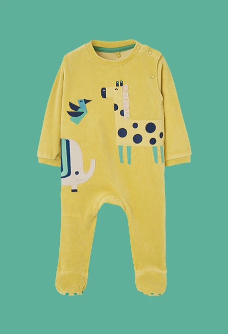 Baby sleepsuit in green with embroidered giraffes and elephants