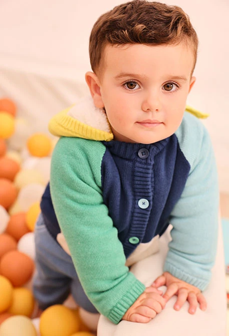 Giacca in maglia neonato blu multicolore con cappuccio