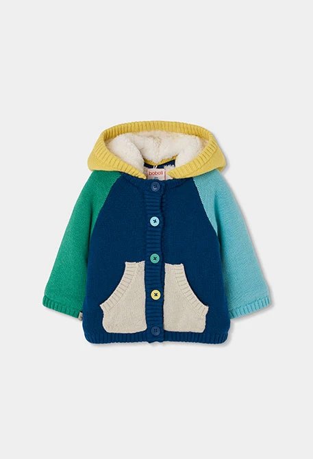 Blue multicolour hooded knitted baby boy jacket
