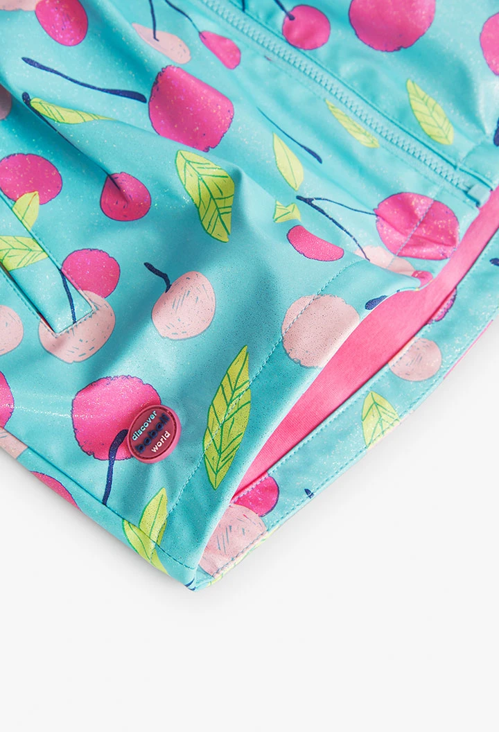 Impermeavel com capuz para bebé menina com estampado de cerejas