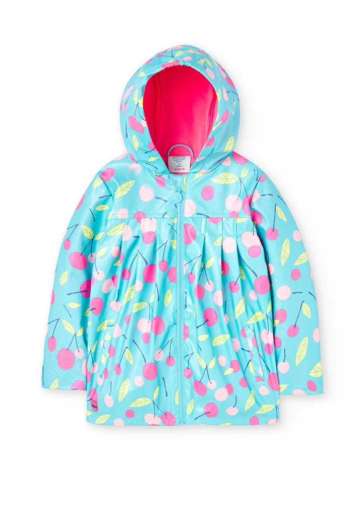 Hooded raincoat for baby girls with cherry print