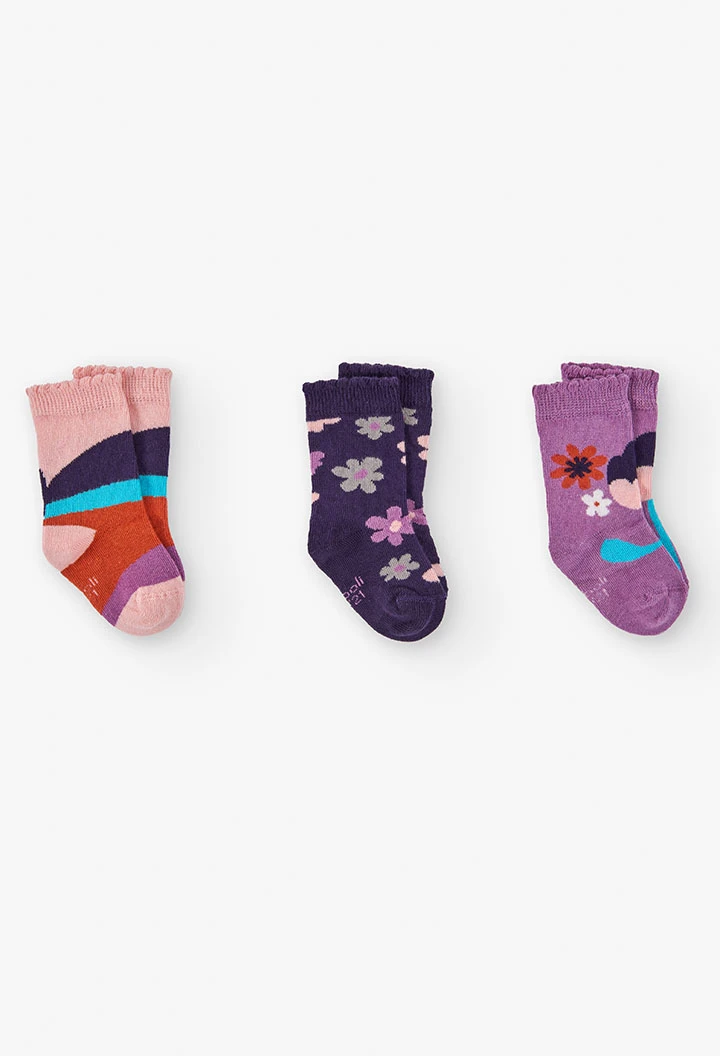 Purple knit sock pack with prints