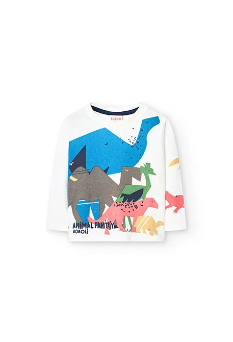 Camiseta de malha para bebé menino em cor branca com design de dinossauros.