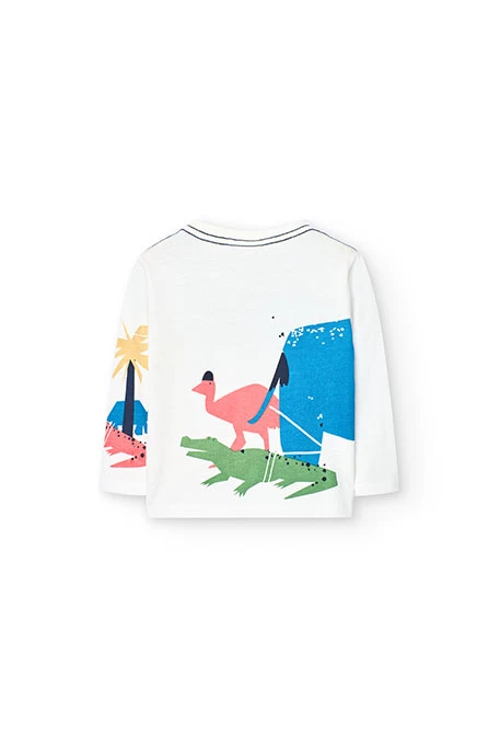 Camiseta de malha para bebé menino em cor branca com design de dinossauros.