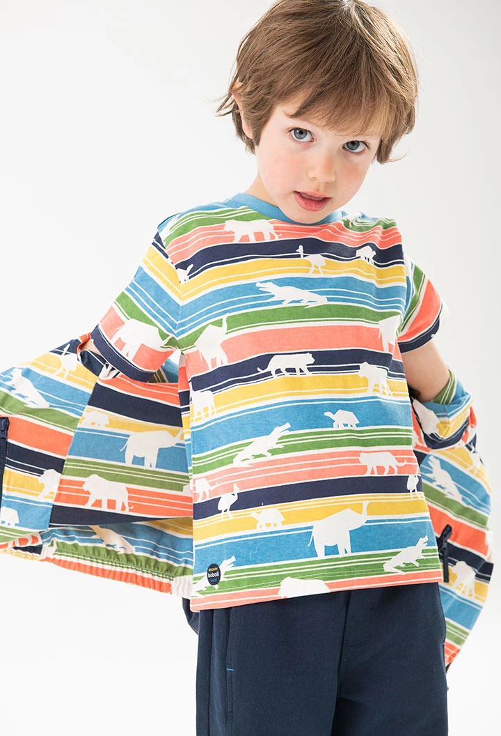 T-shirt de malha para bebé menino com estampado de riscas.