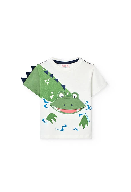 Baby-Jungen-T-Shirt aus Strick in Weiß mit Krokodil-Design.