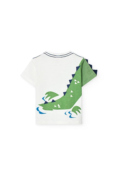 Baby-Jungen-T-Shirt aus Strick in Weiß mit Krokodil-Design.