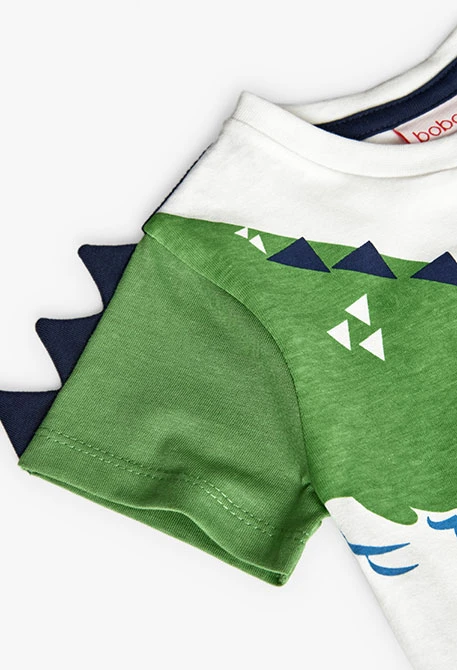 Baby-Jungen-T-Shirt aus Strick in Weiß mit Krokodil-Design.