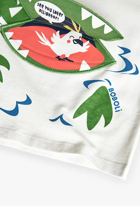 Baby-Jungen-T-Shirt aus Strick in Weiß mit Krokodil-Design.