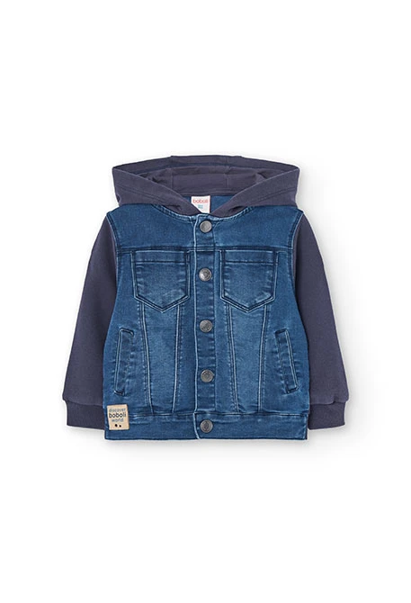 Giubbino denim in maglia per neonato di colore blu con cappuccio.