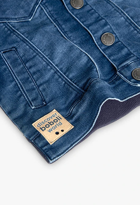 Giubbino denim in maglia per neonato di colore blu con cappuccio.