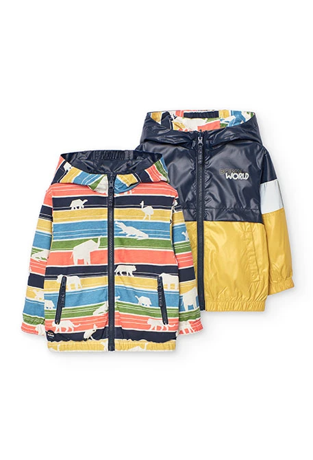 Parka reversível para bebé menino em cor mostarda e preta com estampado