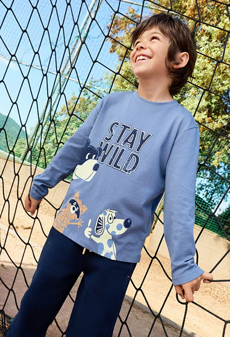 T-shirt menino de algodão animais azul