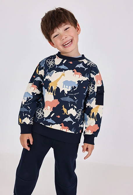 Navy blue boy´s sweatshirt with animal fleece