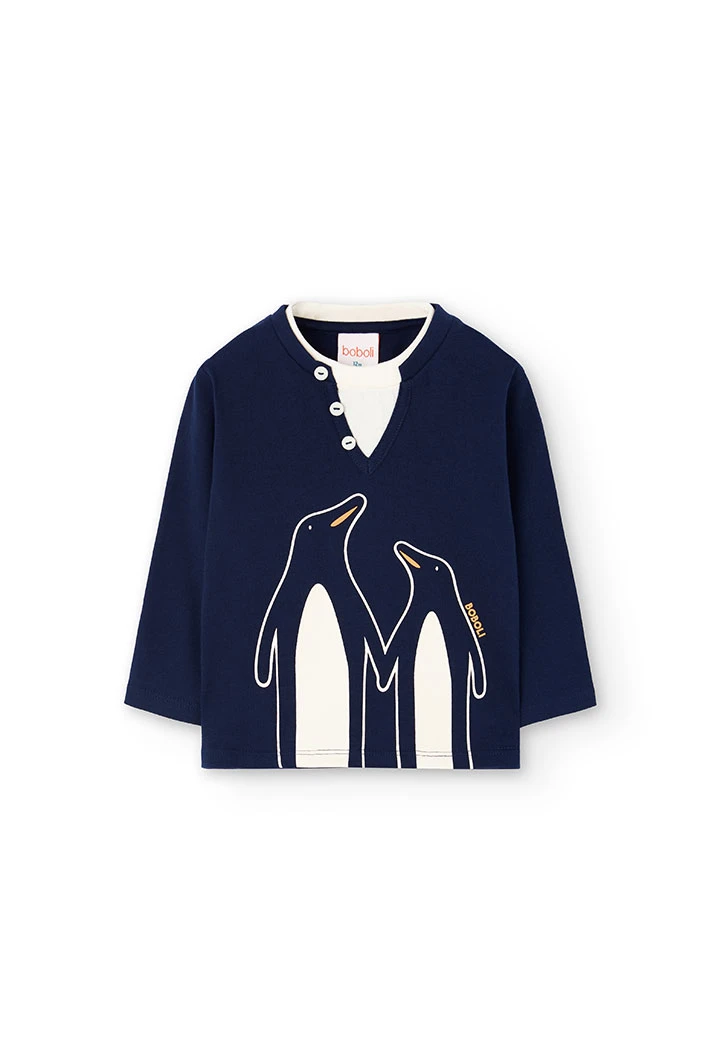 Navy blue knitted boy´s t-shirt with penguins