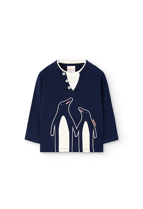 Maglietta bambino in maglia blu navy con pinguini