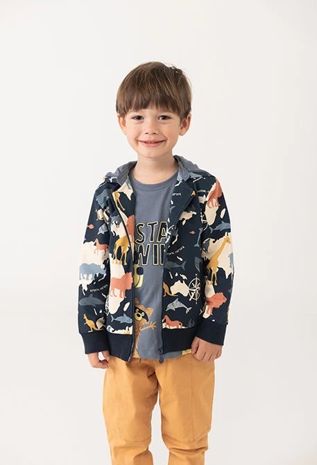 Printed fleece jacket, baby blue animals