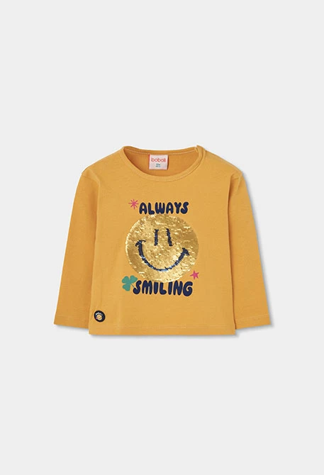 T-shirt en maille fille jaune avec sequins smiley