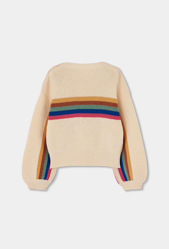Cream girls\' jumper with multicolour stripes