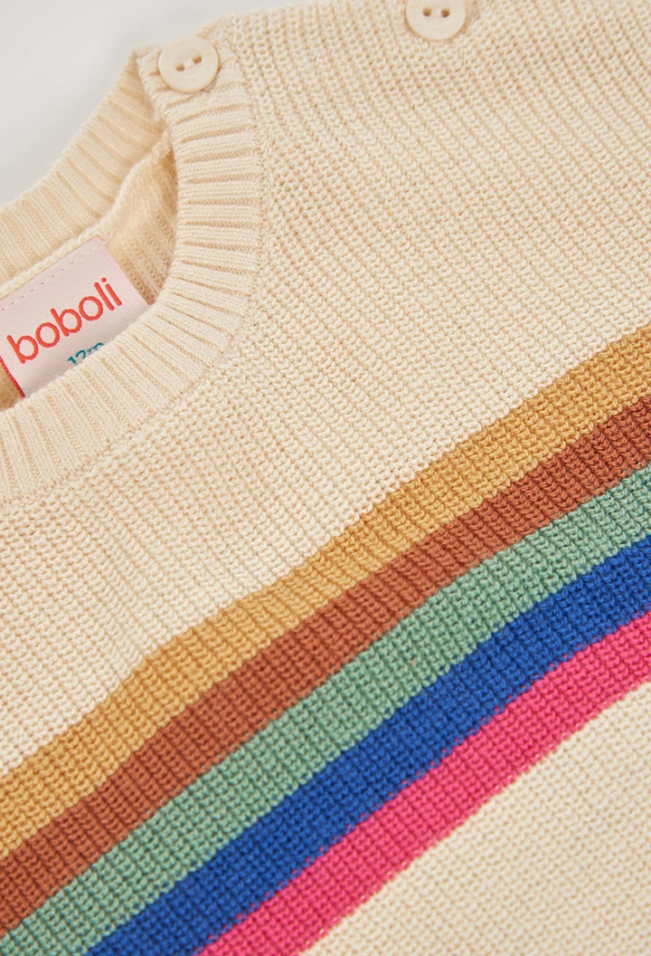 Mädchen-Pullover in Rohweiß mit mehrfarbigen Streifen