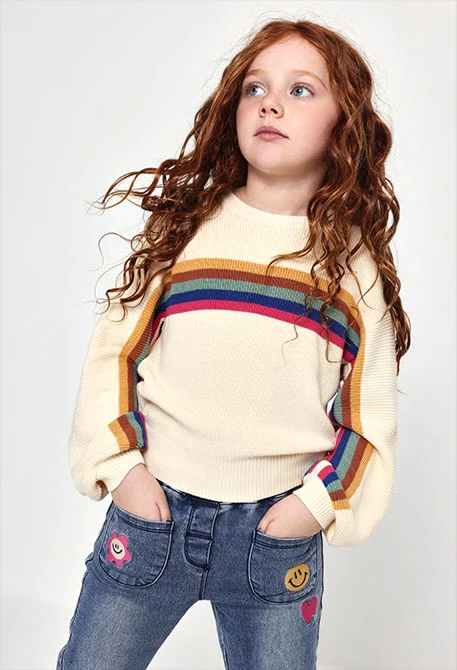 Cream girls\' jumper with multicolour stripes